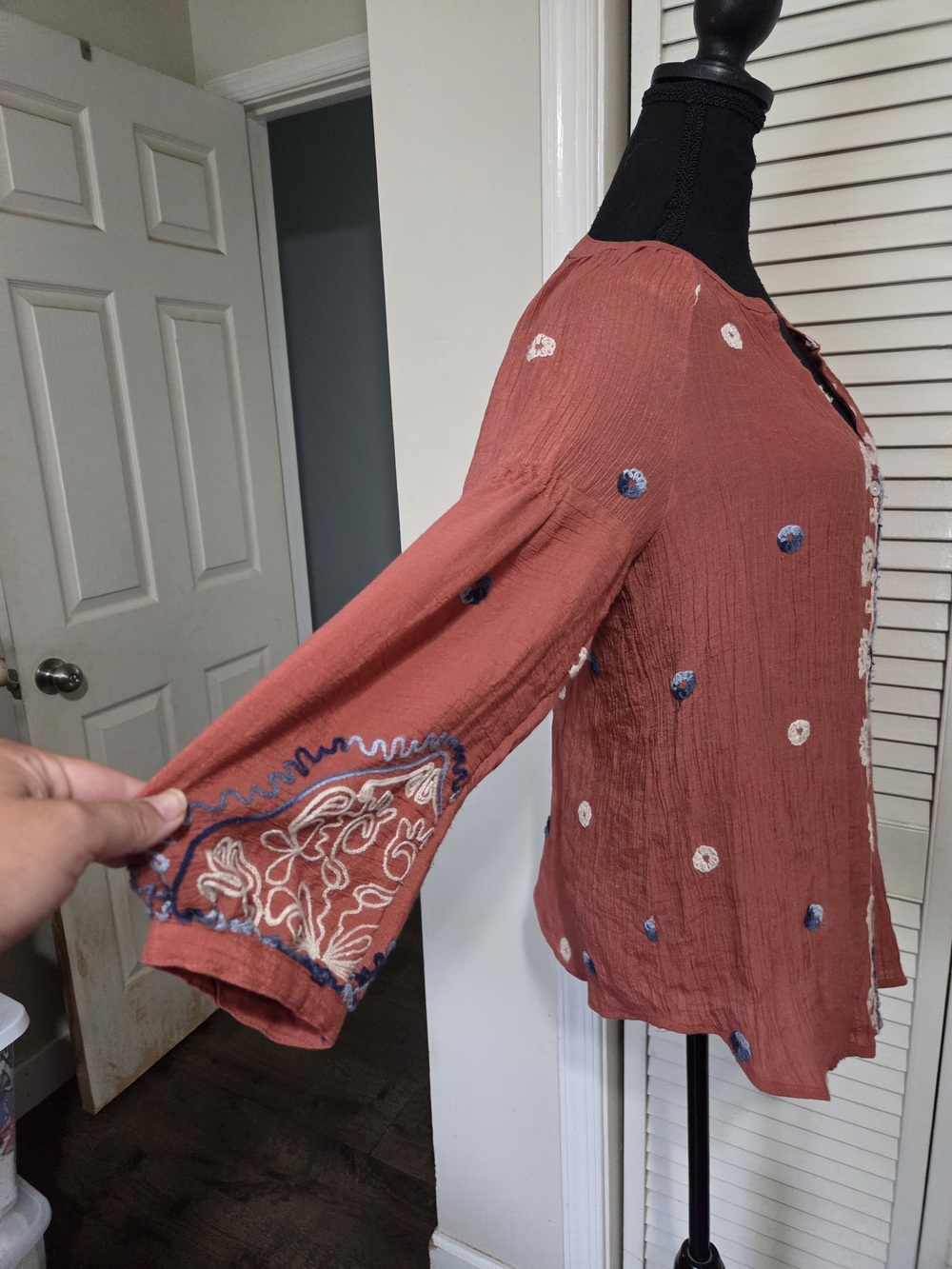 Embroidered Rust Blouse with Blue Accents - Picture 4 of 7